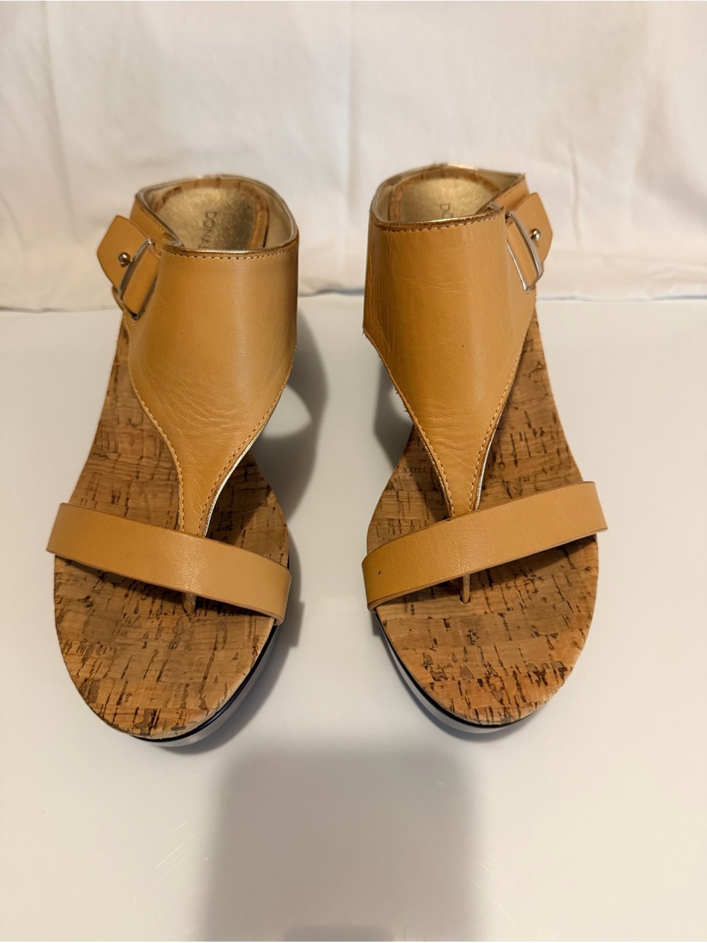 Donald J. Pliner Tan Cork Wedge Sandals with Buckle Strap